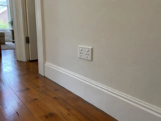White double power point on a painted wall above timber floorboards and skirting in Balmain